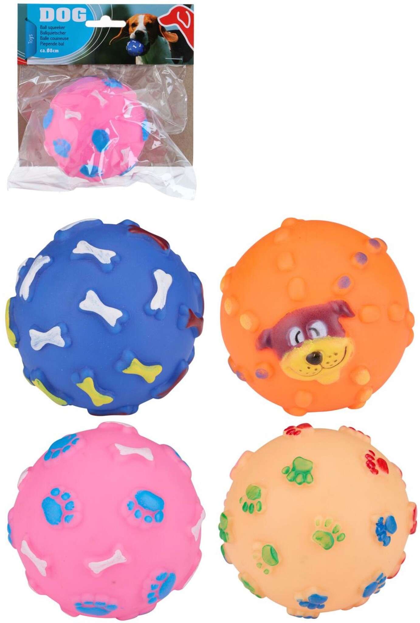 Honden Speelbal met piepgeluid 8x8x8cm 4 assorti design