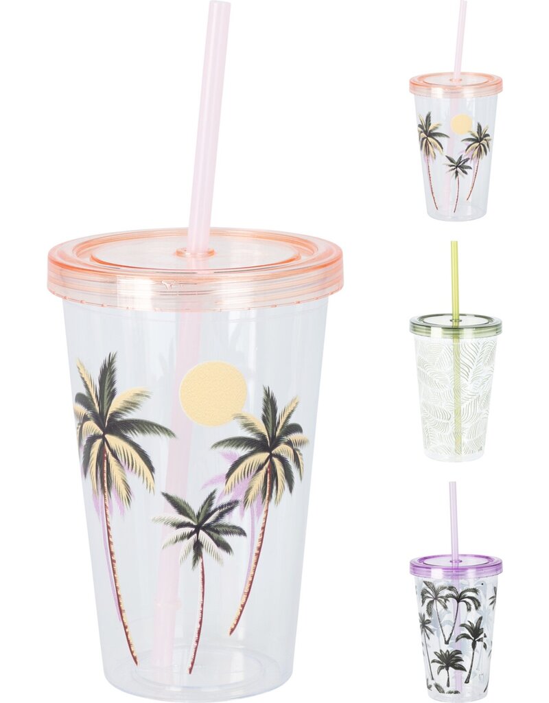 Drinkbeker PS 600ml met rietje dia 10xh16cm 3 ass designs