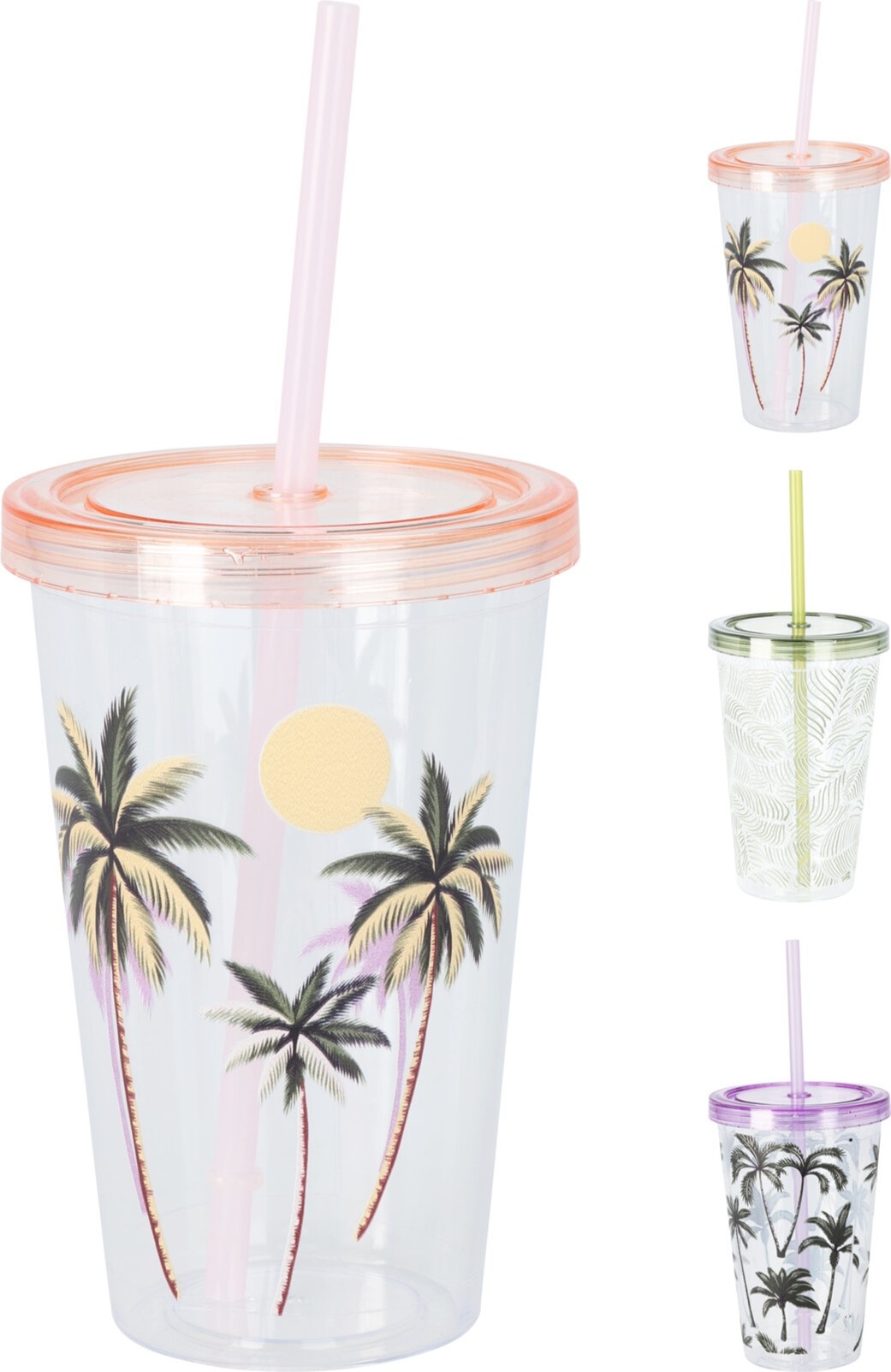 Drinkbeker PS 600ml met rietje dia 10xh16cm 3 ass designs