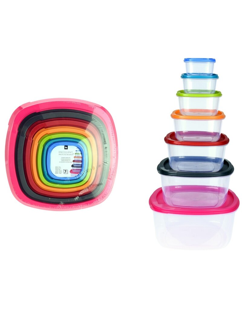 Voorraadoos met deksel 7 stuks verschillende maten & kleuren