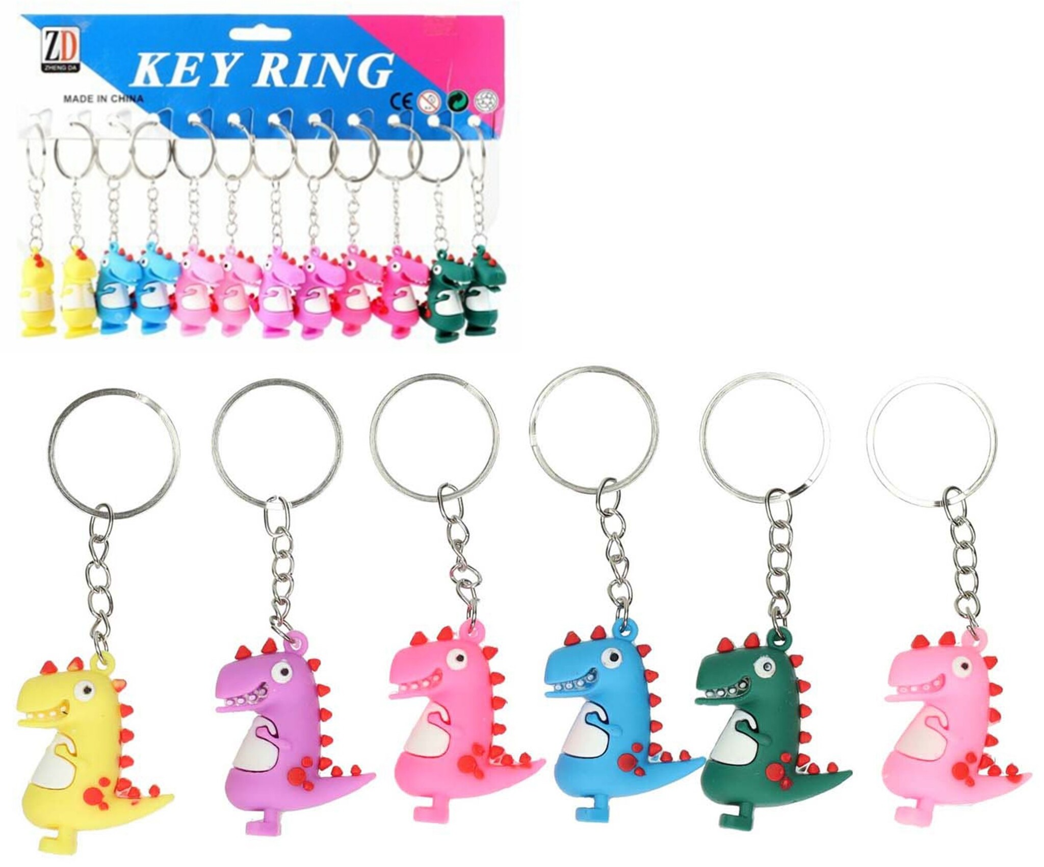 Sleutelhanger Dinosaurus 4,5cm 6 ass kleur per 12st op kaart