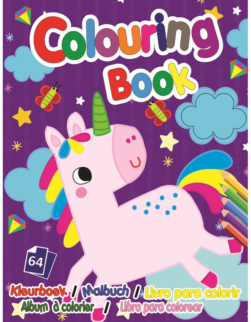 Kleurboek 19x14,5cm. 64 pagina's 4 ass. print wit papier