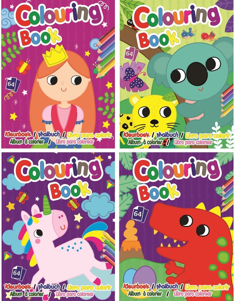 Kleurboek 19x14,5cm. 64 pagina's 4 ass. print wit papier