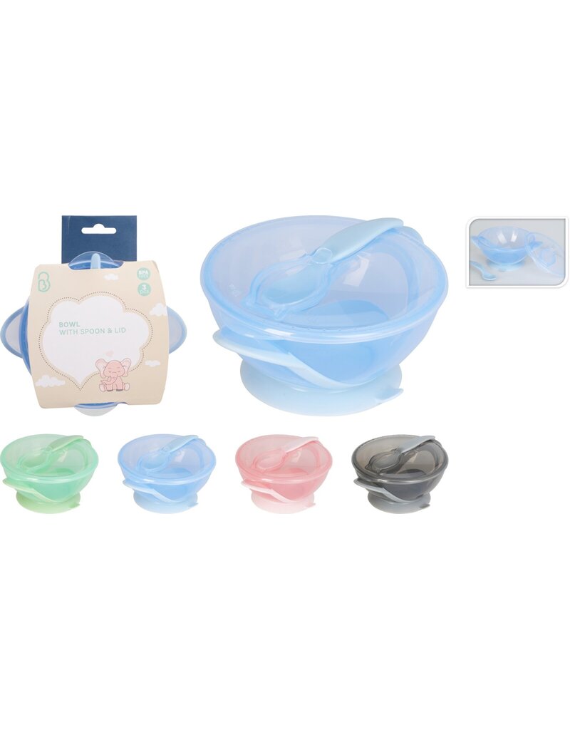 Baby Schaal met Deksel en Lepel 4 assorti kleur