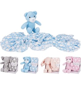 Pluche Dier 39cm met Deken 75x90cm 4 assorti