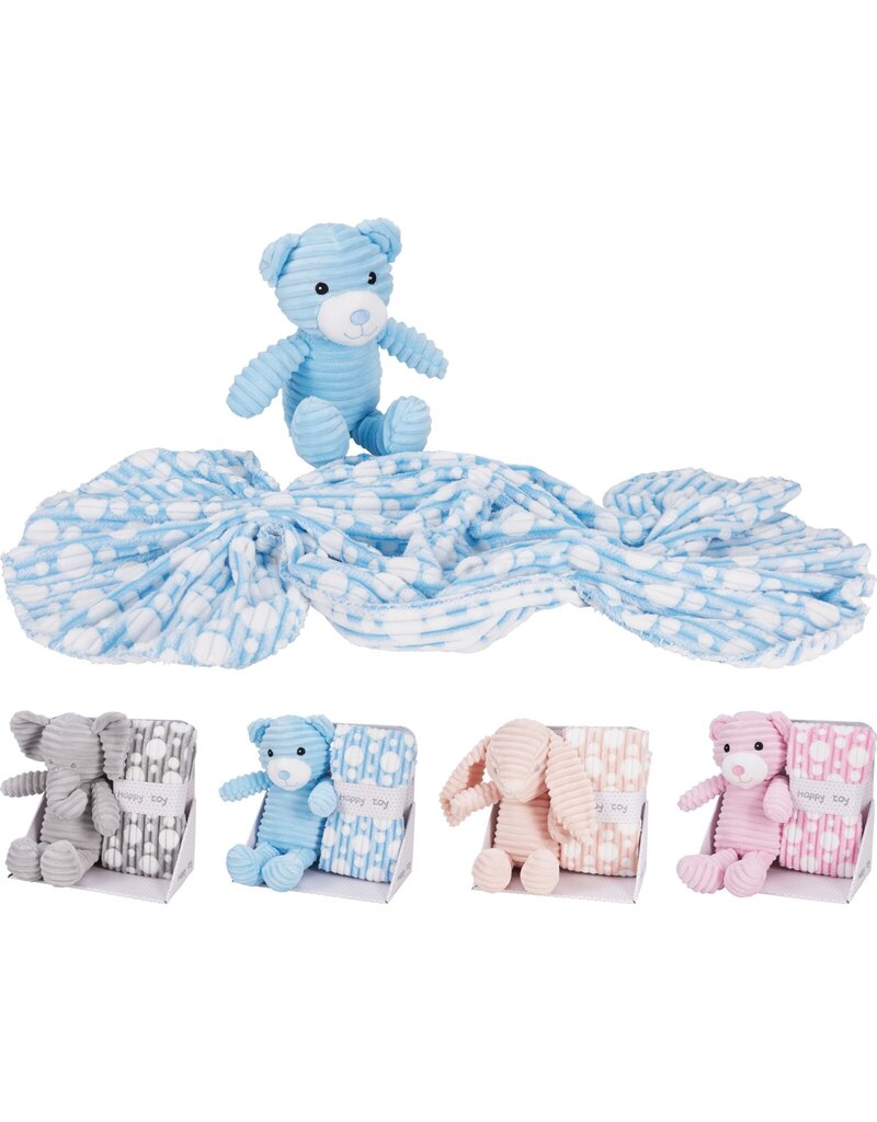 Pluche Dier 39cm met Deken 75x90cm 4 assorti