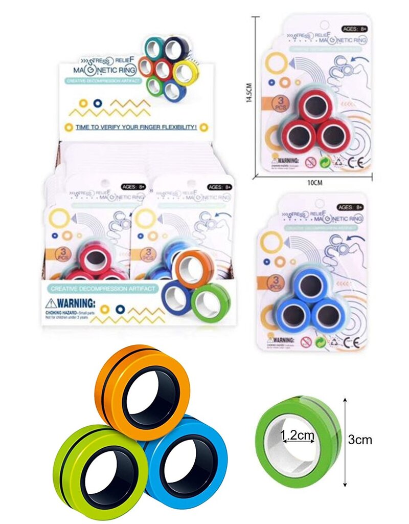 Magnetic Finger Trick Rings 3 stuks op kaart assorti kleur