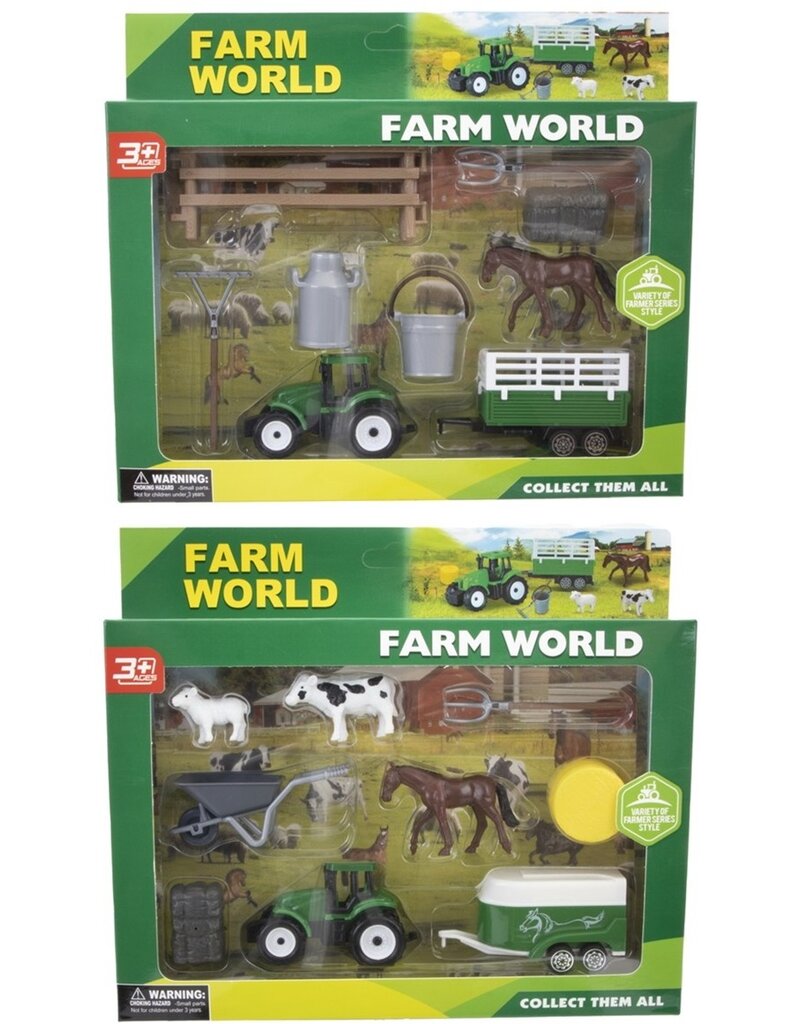 Tractor +Aanhanger, Dieren& acc. 9delig wbox 26x22x4cm 2 ass