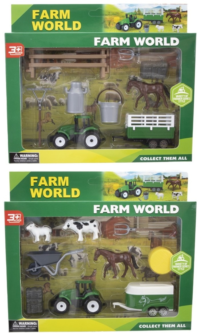 Tractor +Aanhanger, Dieren& acc. 9delig wbox 26x22x4cm 2 ass