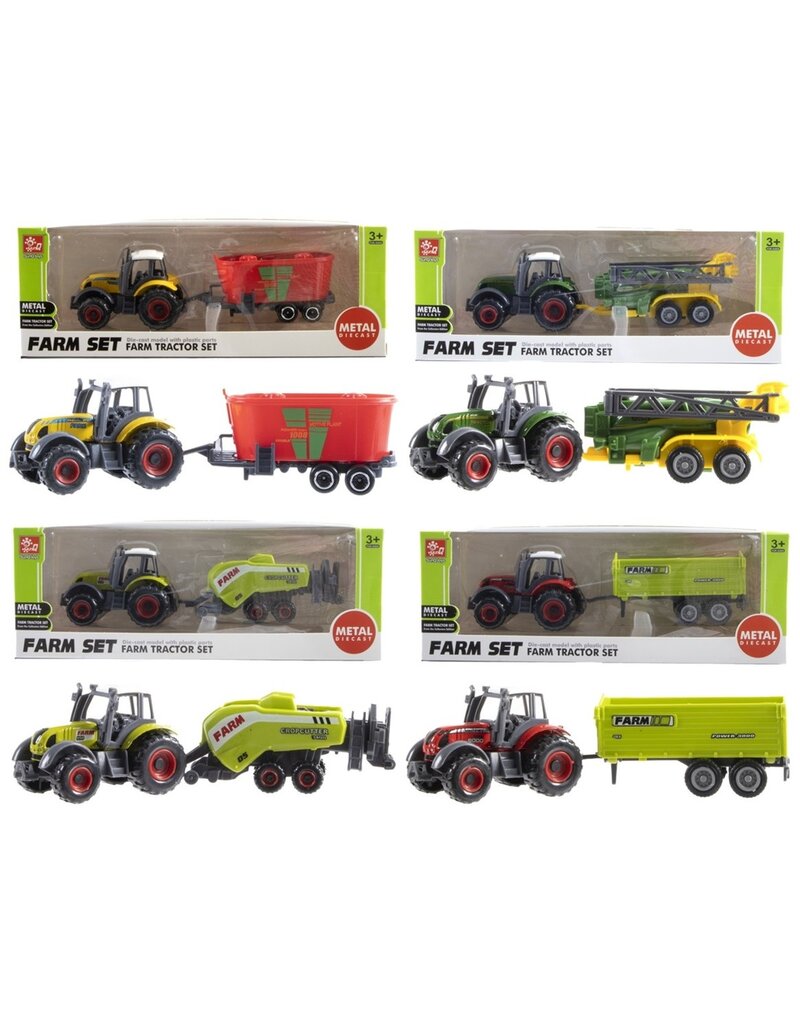 DieCast Tractor met Aanhanger 16cm 4 assorti