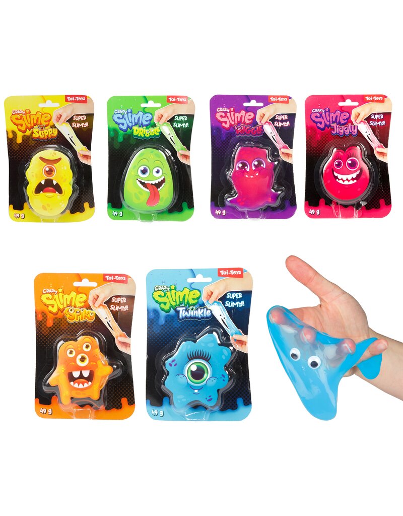 Slijm Monster met Oogjes op kaart 18x12x3cm 6 assorti