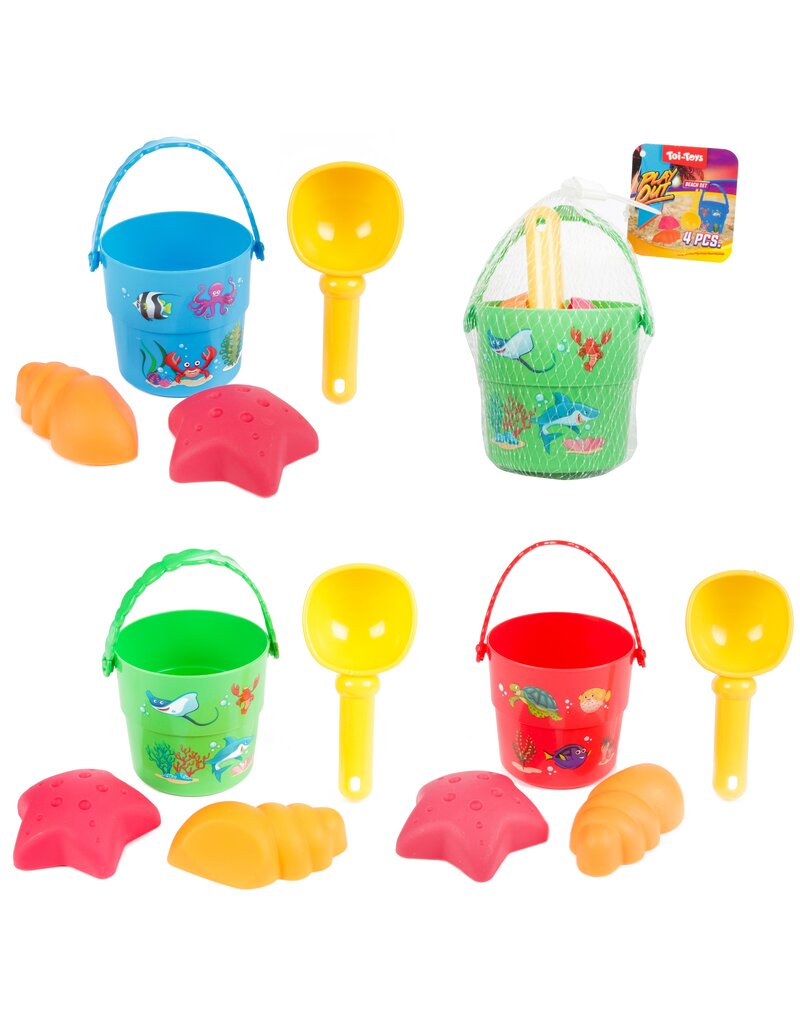 Strandset Mini Emmer,Schepje en Vormen 4delig 15x8x8cm 3 ass