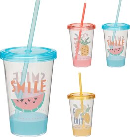Drinkbeker met Rietje 16x10cm 3 assorti design