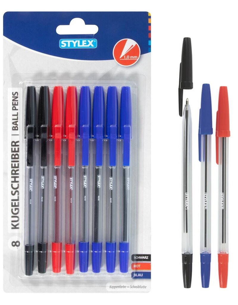 Balpennen 8 stuks 3 assorti kleur op blisterkaart