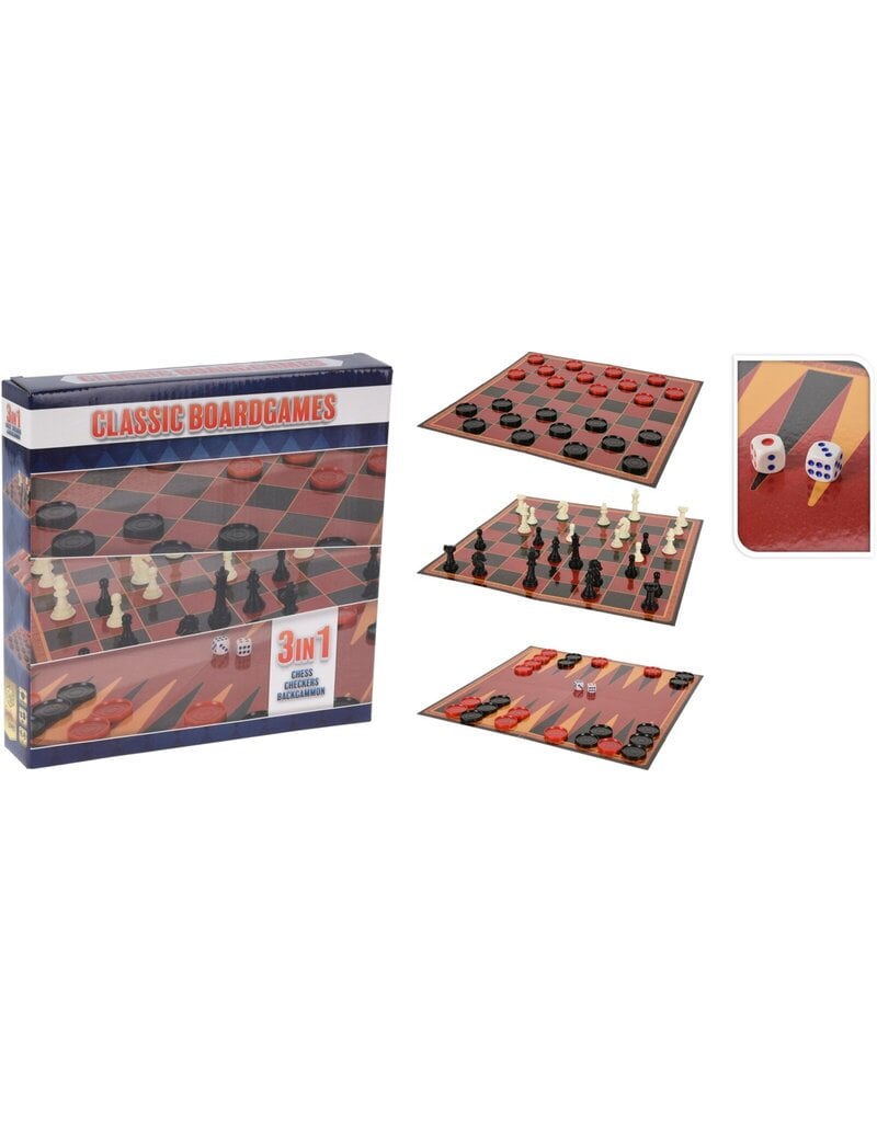 Schaakspel, Damspel en Backgammon 3-in-1 23x23cm