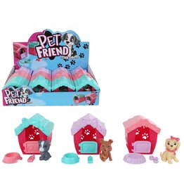 Hond in Speelhuisje 7cm met acc. 3 assorti kleur