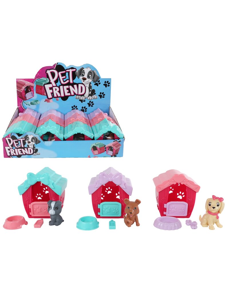 Hond in Speelhuisje 7cm met acc. 3 assorti kleur