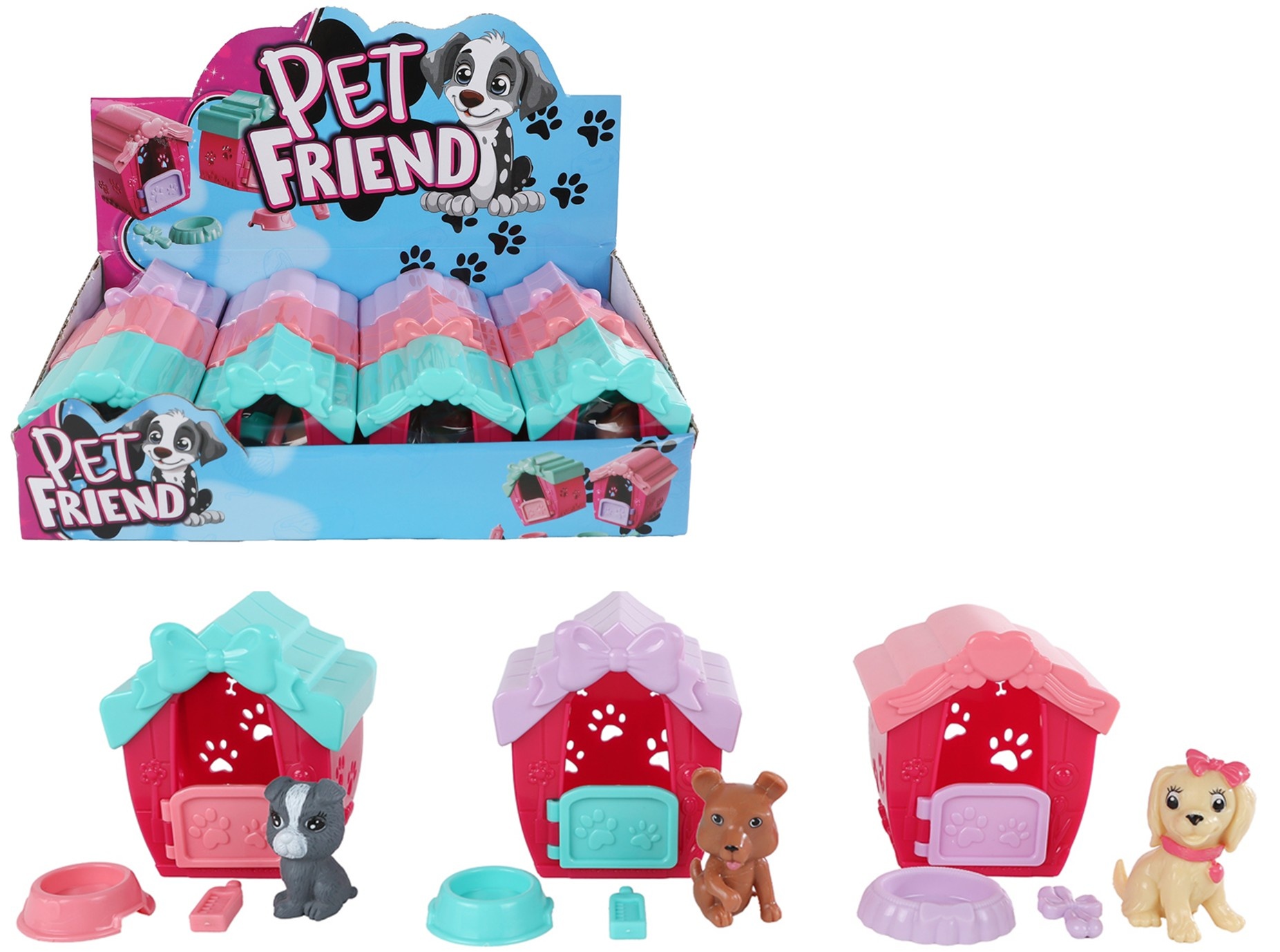 Hond in Speelhuisje 7cm met acc. 3 assorti kleur