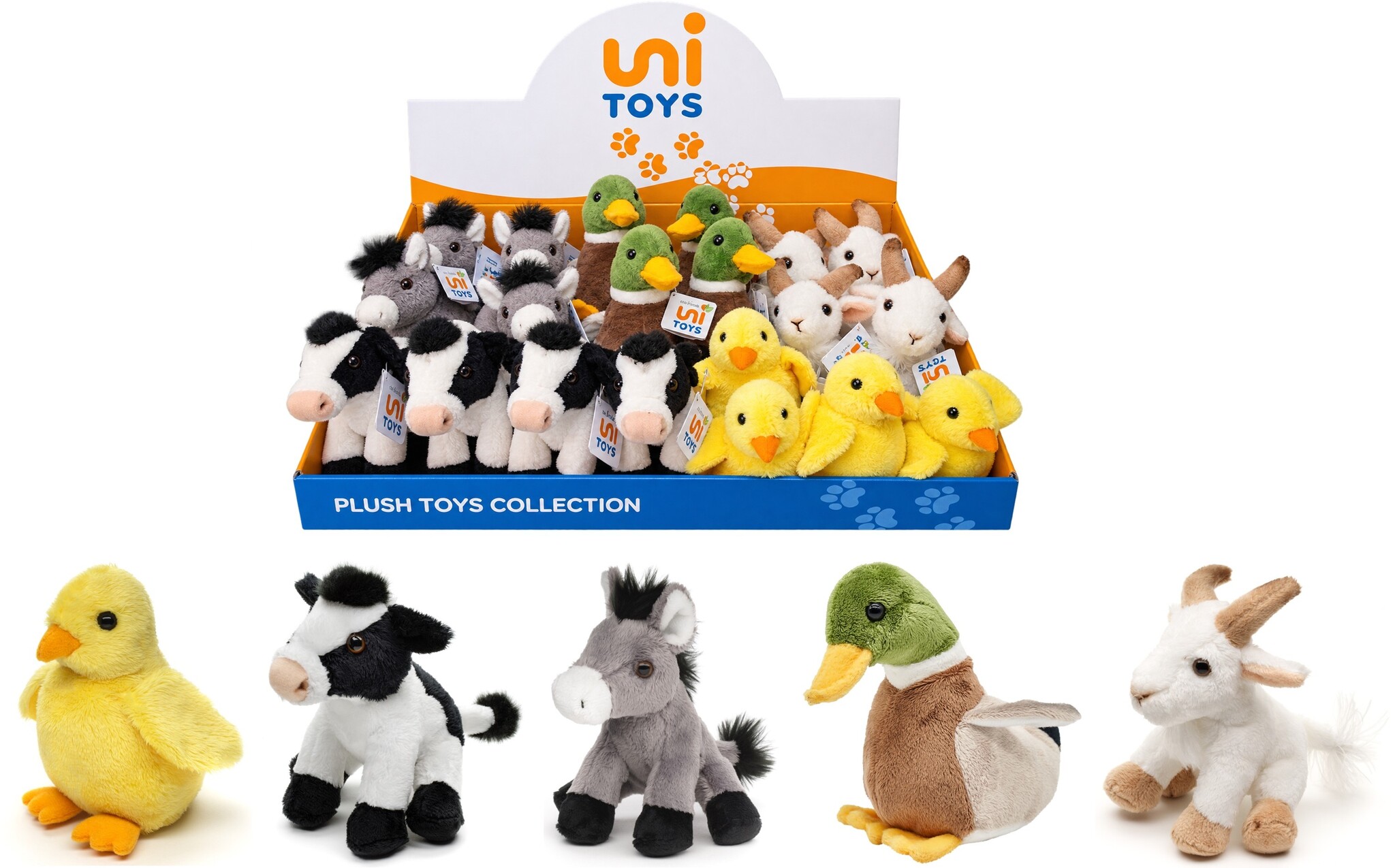 Pluche Kuiken, Koe, Ezel, Eend of Geit 11-16cm