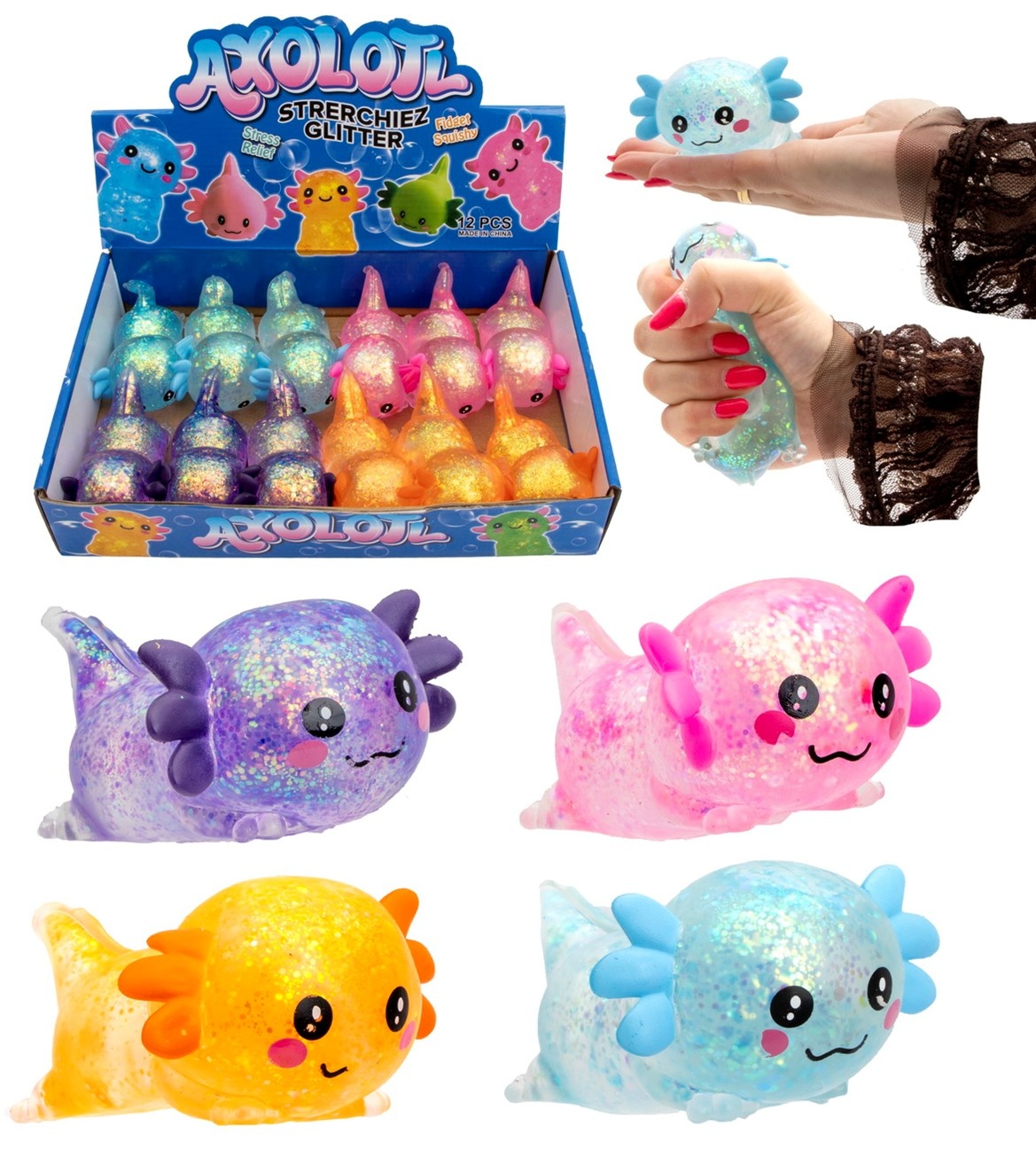 Squeeze Axolotl Glitter 9cm Slow Rise 136gr sugar 4ass kleur