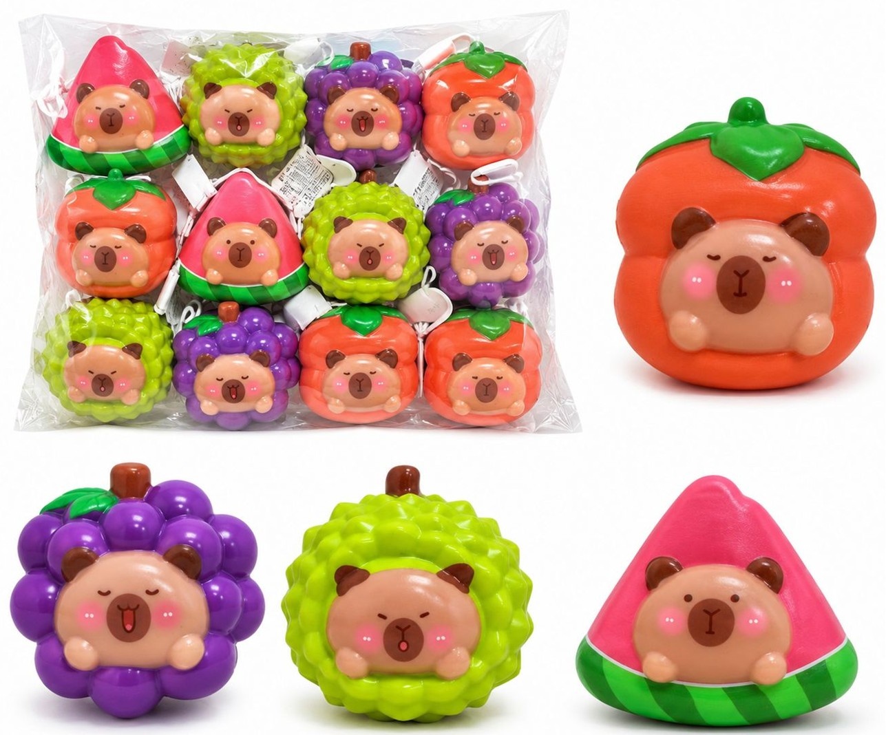Squeeze Capybara 9cm in Fruit Slow Rise in net 4 assorti