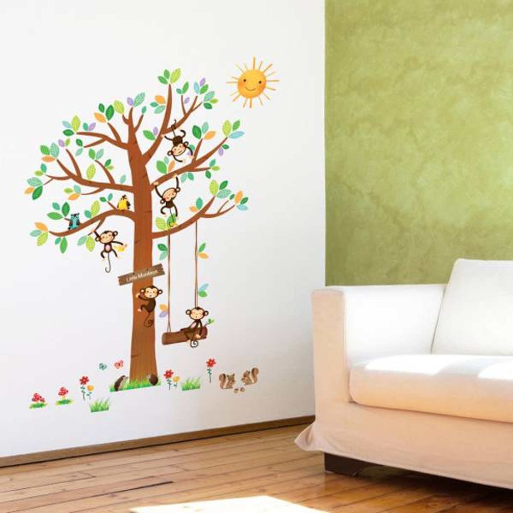 Decowall Muursticker boom met 5 kleine aapjes