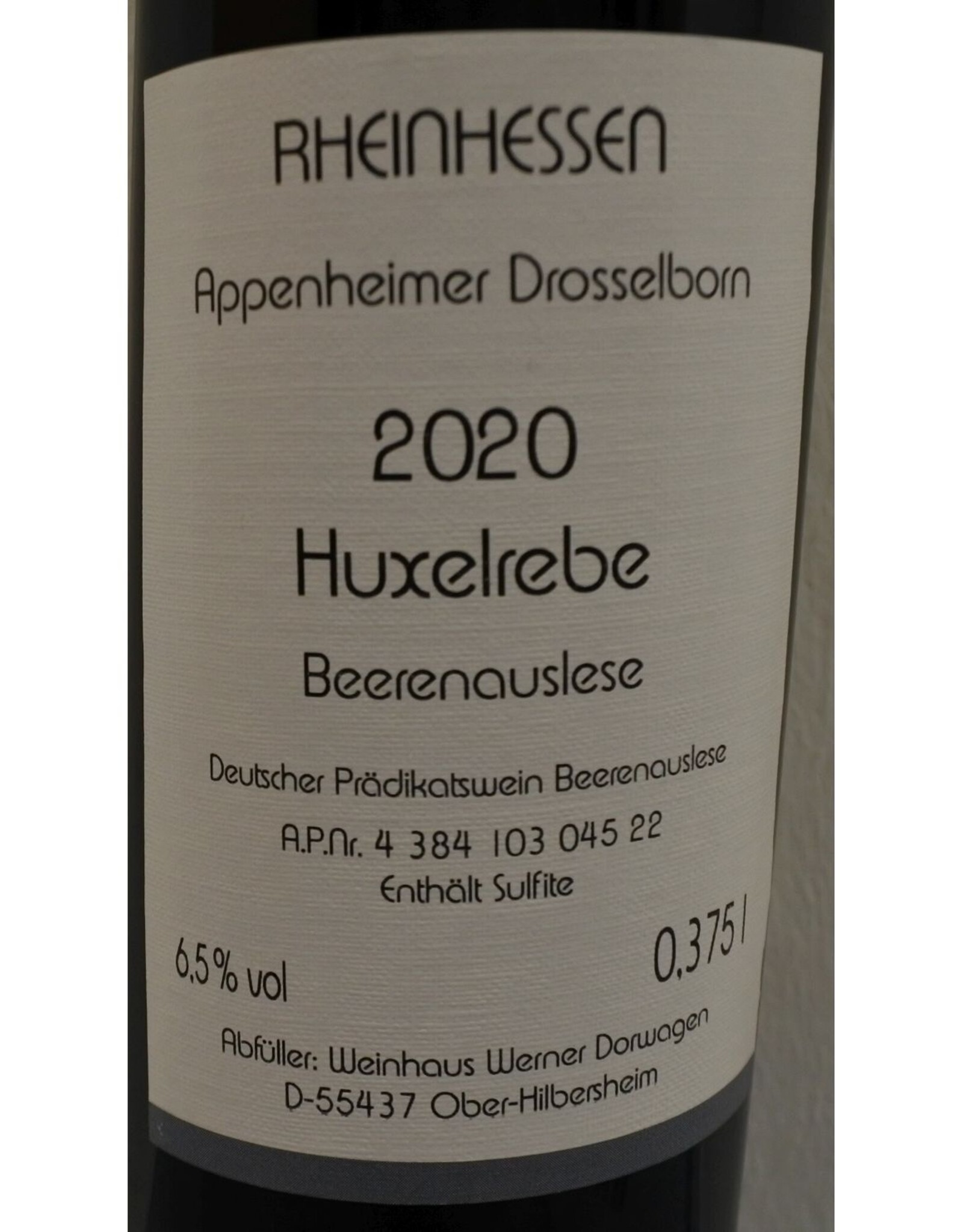 37,5cl. Weinhaus Dorwagen Appenheimer Drosselborn Huxelrebe Beerenauslese 2020,  Rheinhessen, Duitsland