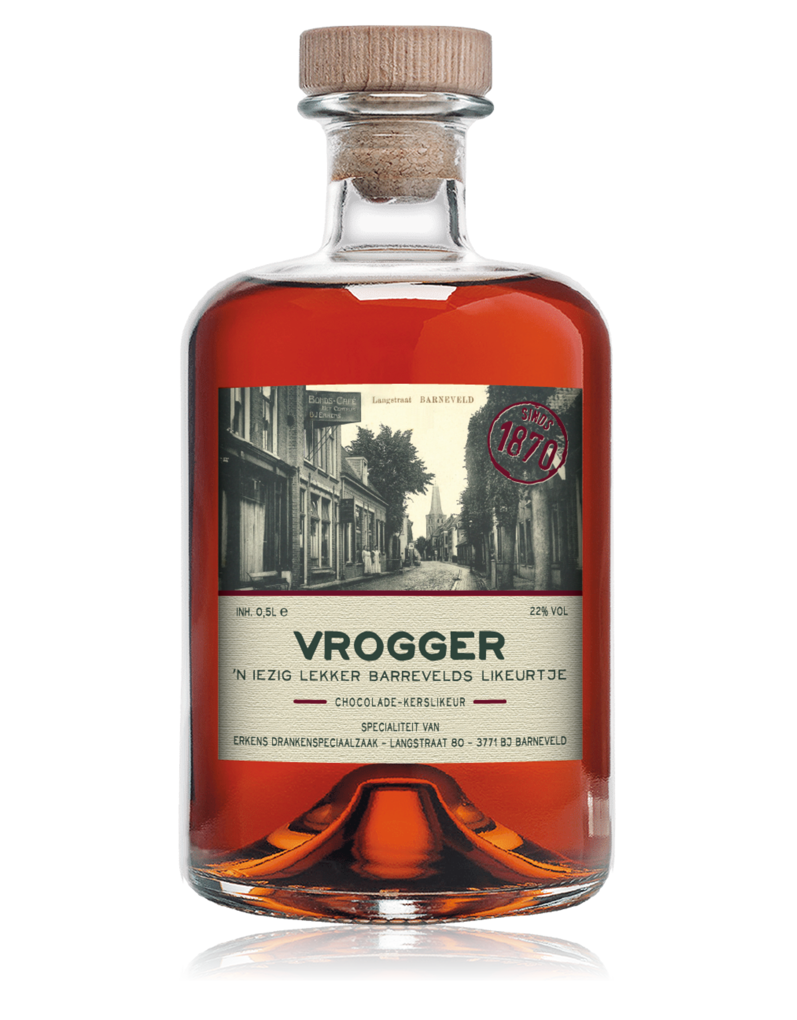 Vrogger Chocolade-Kers Likeur 50cl. in geschenkverpakking met 2 glaasjes