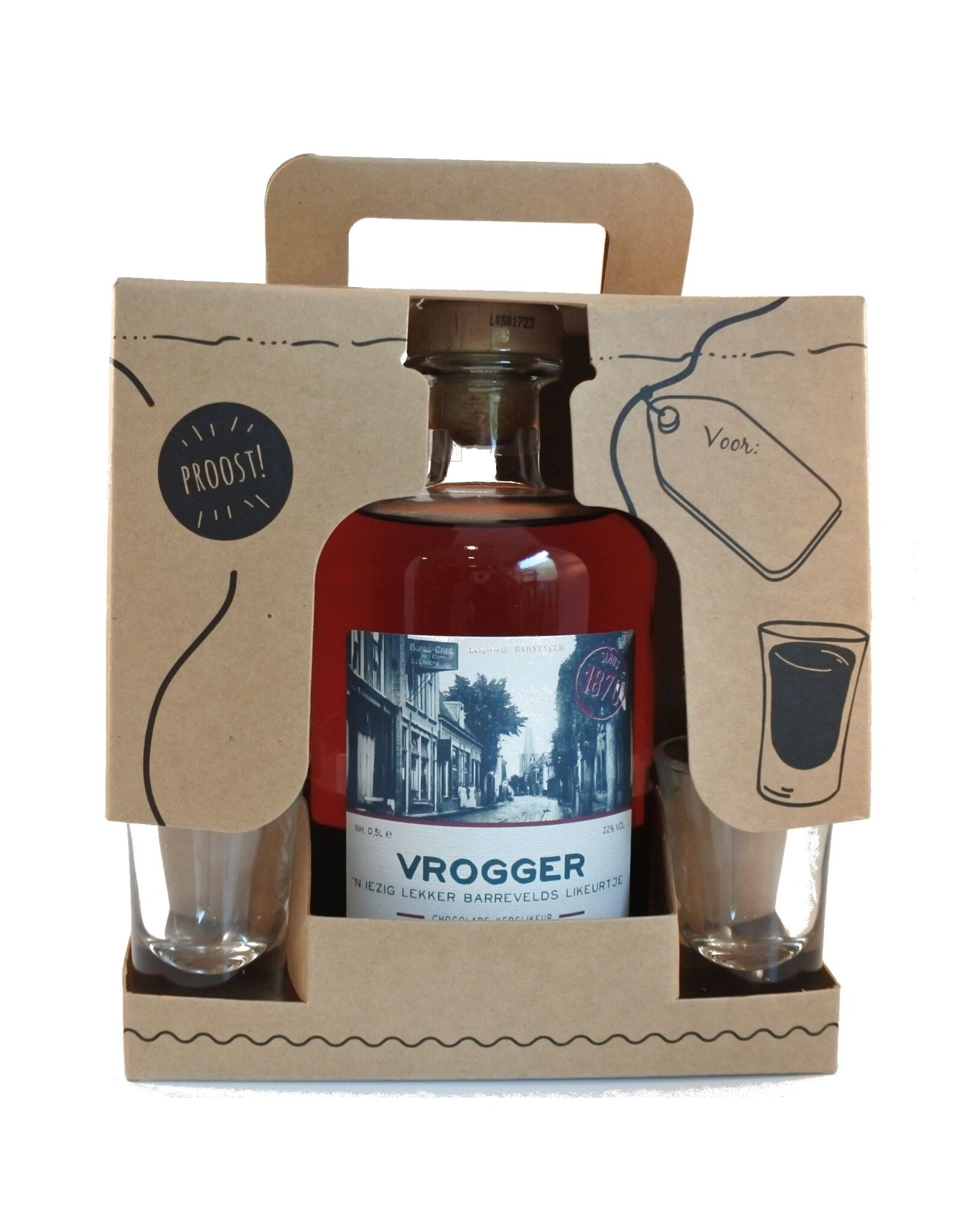 Vrogger Chocolade-Kers Likeur 50cl. in geschenkverpakking met 2 glaasjes