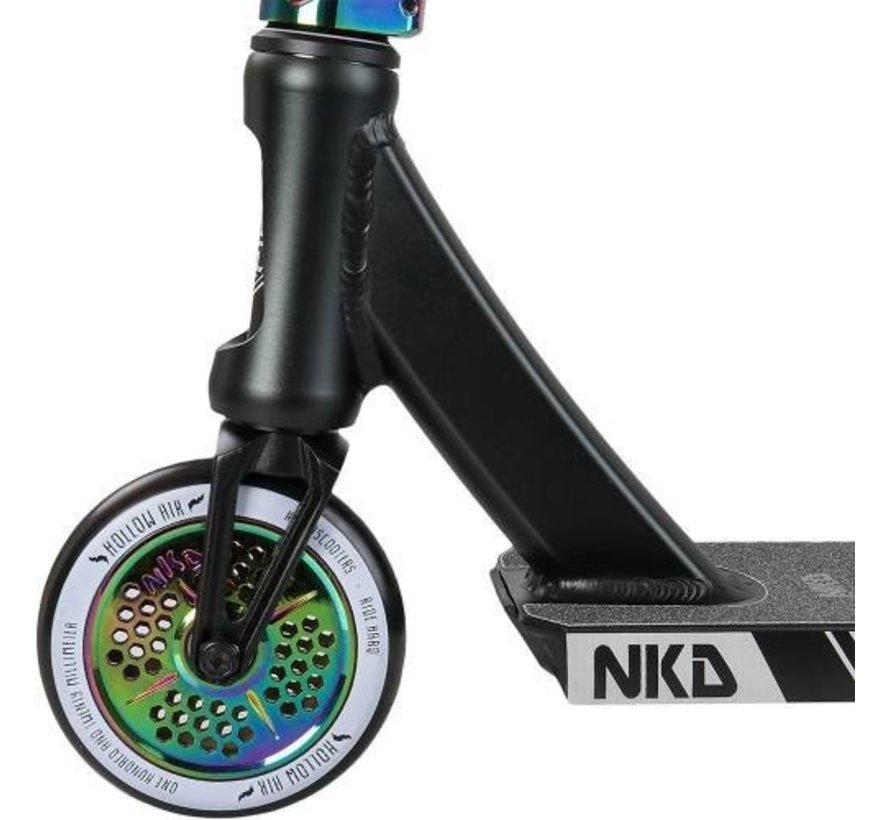 Patinete acrobático NKD Fuel Neocromo negro con plataforma corta