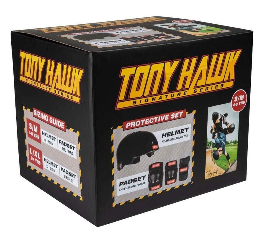 Conjunto de protección Tony Hawk con casco negro.