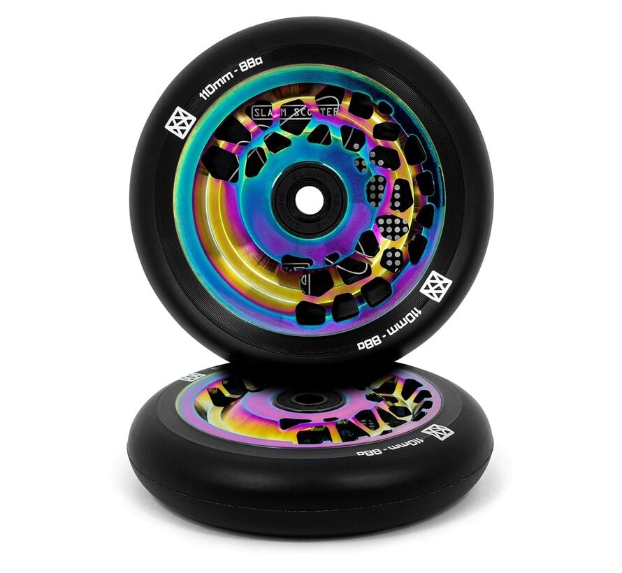 Juego de ruedas para patinete acrobático Slamm Neochrome de 110 mm con núcleo dividido, 2 piezas