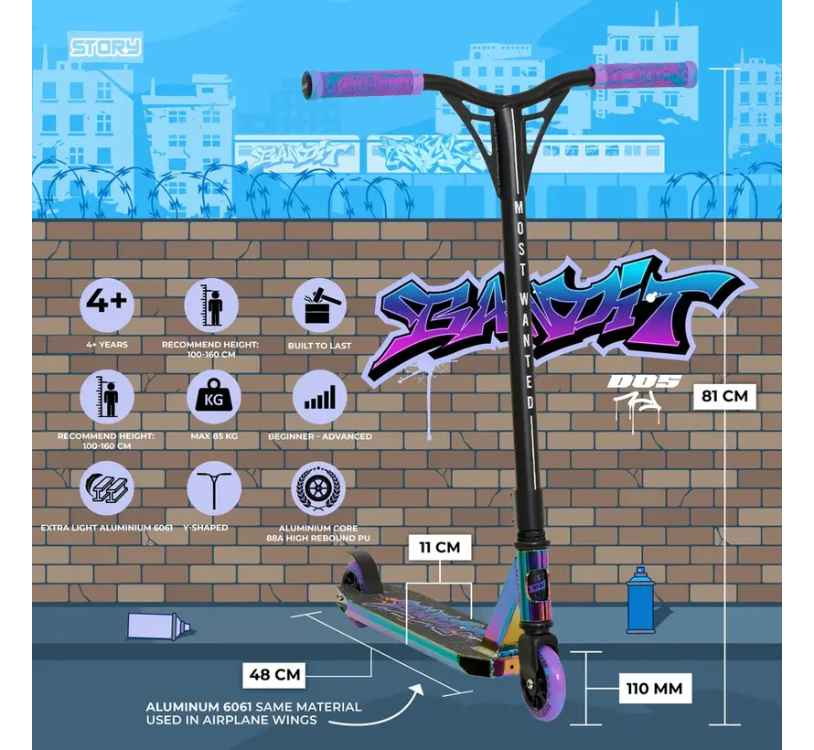 Patinete acrobático Story Stunt Scooter Bandit DOS Matt Neo de 81 cm: patinete robusto para trucos.
