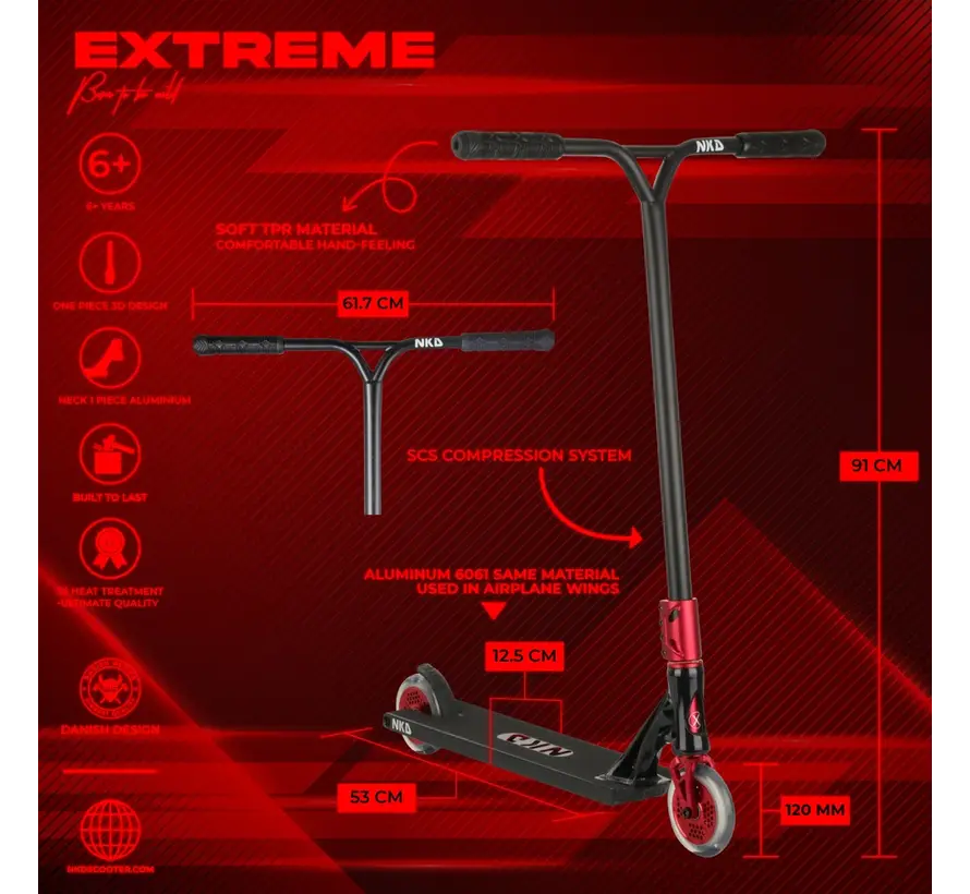 Patinete acrobático NKD Extreme negro/rojo de 91 cm: el patinete acrobático definitivo para realizar trucos