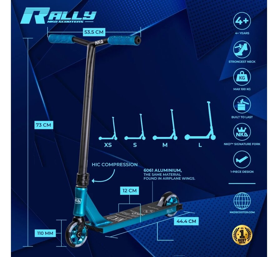 NKD Rally V4 Stuntstep Blauw 73cm – Robuust, Lichtgewicht & Perfect voor Tricks