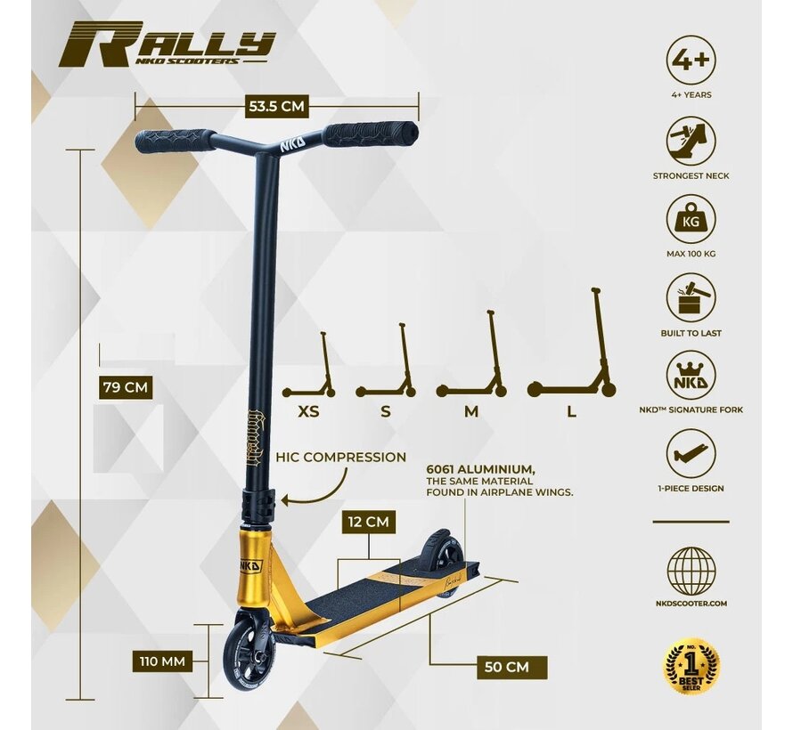 NKD Rally V2 Stuntstep Gold 79cm – dla młodych bohaterów kaskaderskich