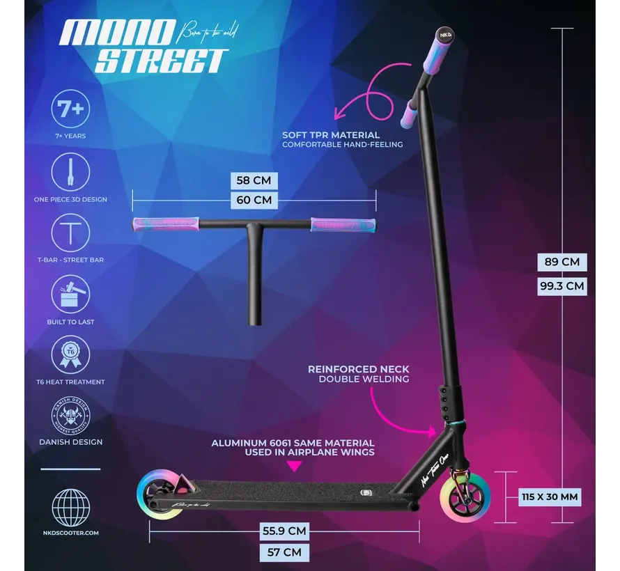 NKD Mono Stuntstep Schwarz/Regenbogen 89 cm – Für den ernsthaften Stuntfahrer
