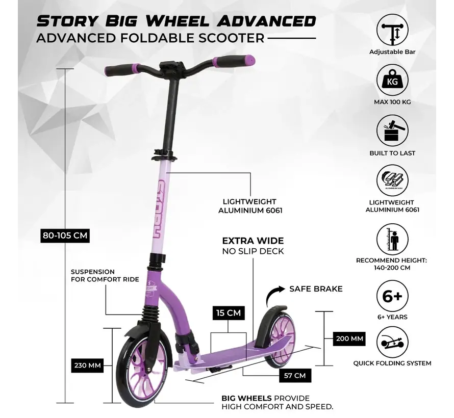 Story Big Wheel Advanced Opvouwbare Step Paars 105 cm – Comfortabel en Stijlvol Reizen