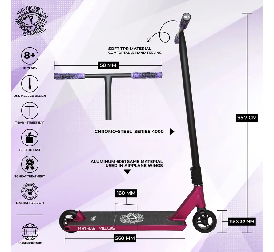 Trottinette freestyle NKD MV Pro violette – Trottinette de park résistante avec roues de 110 mm et roulements ABEC-9
