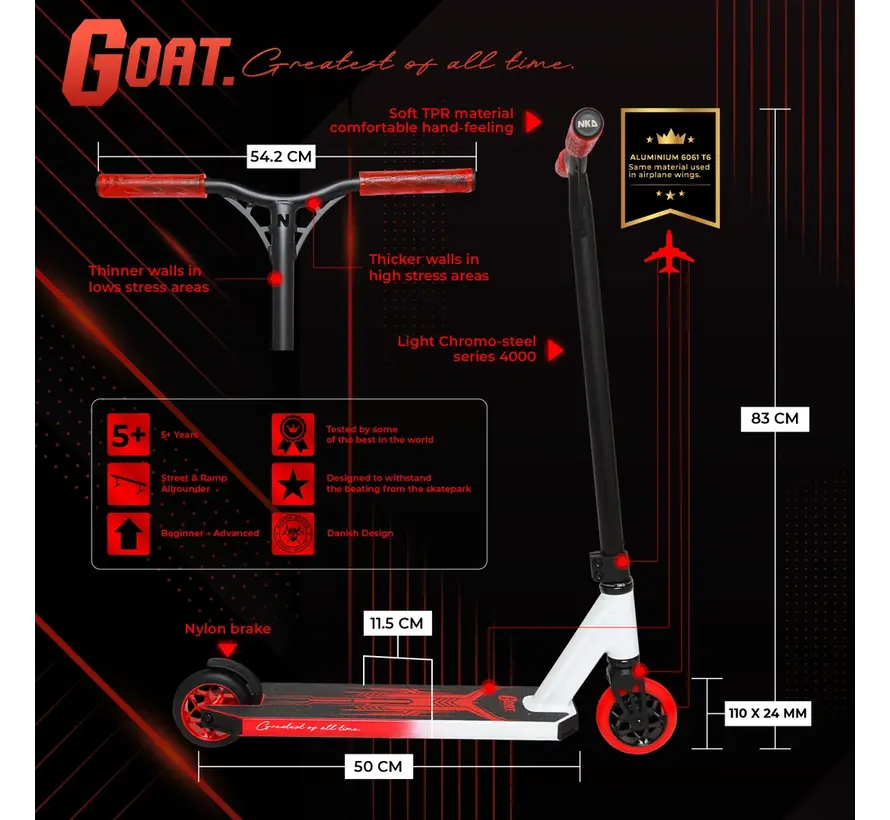 Patinete acrobático NKD GOAT blanco/rojo: patinete de parque resistente con ruedas de 110 mm y sistema de compresión HIC