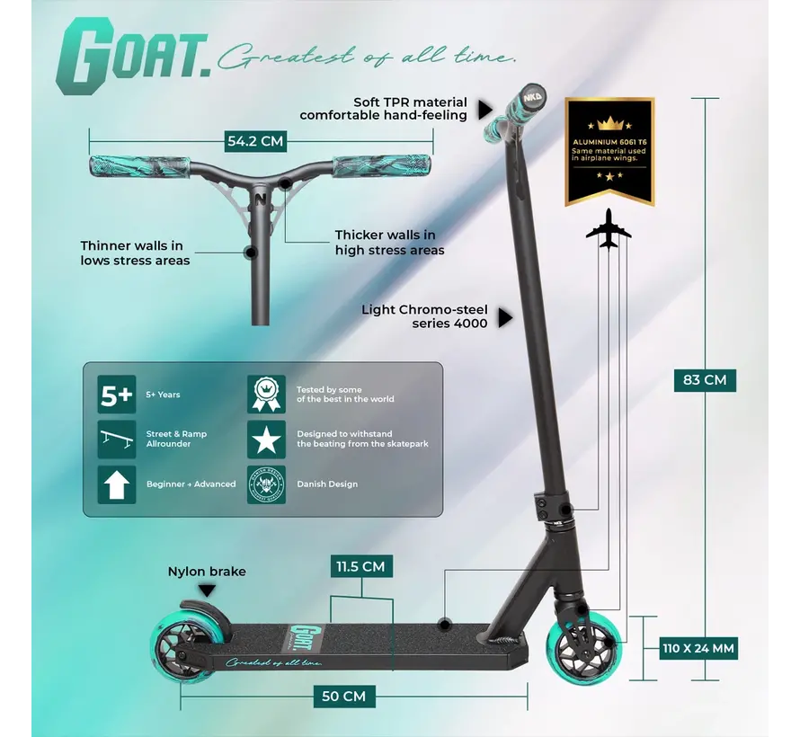 NKD Goat Stuntstep Nero/Menta – Parkstep robusto con ruote da 110 mm e compressione HIC