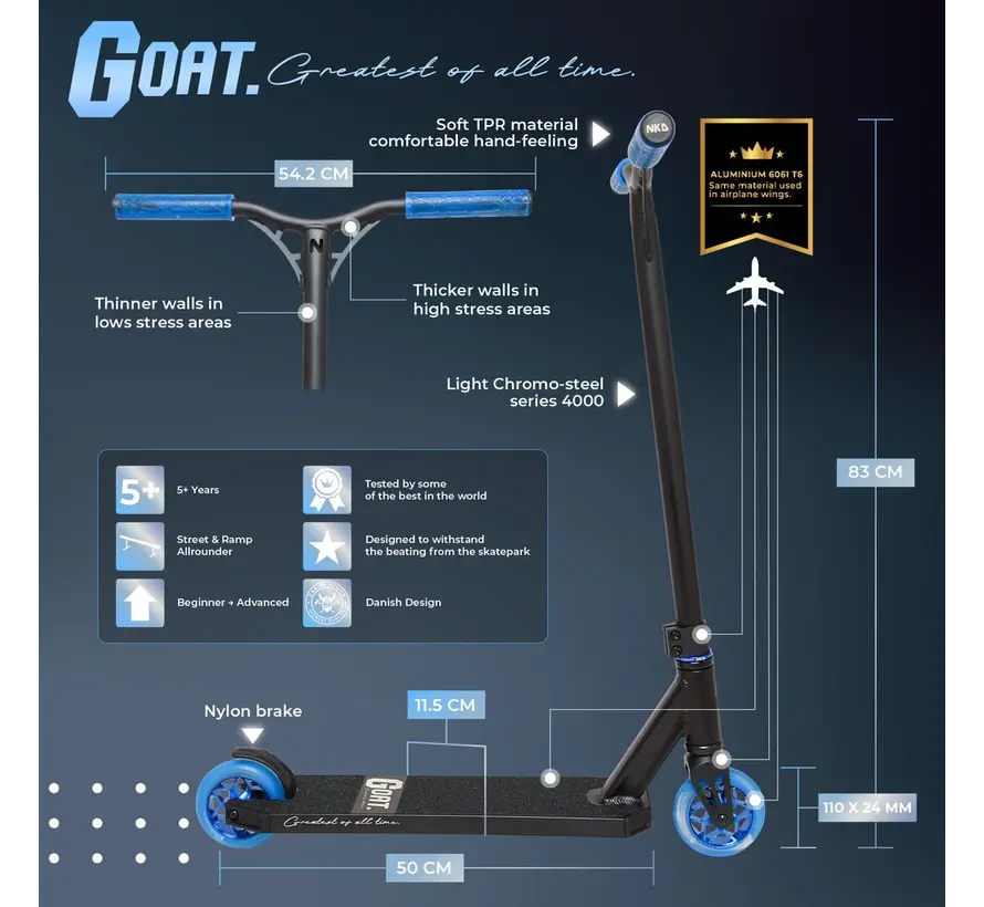 NKD Goat Stuntstep Noir/Reflex – Parkstep robuste avec roues de 110 mm et compression HIC