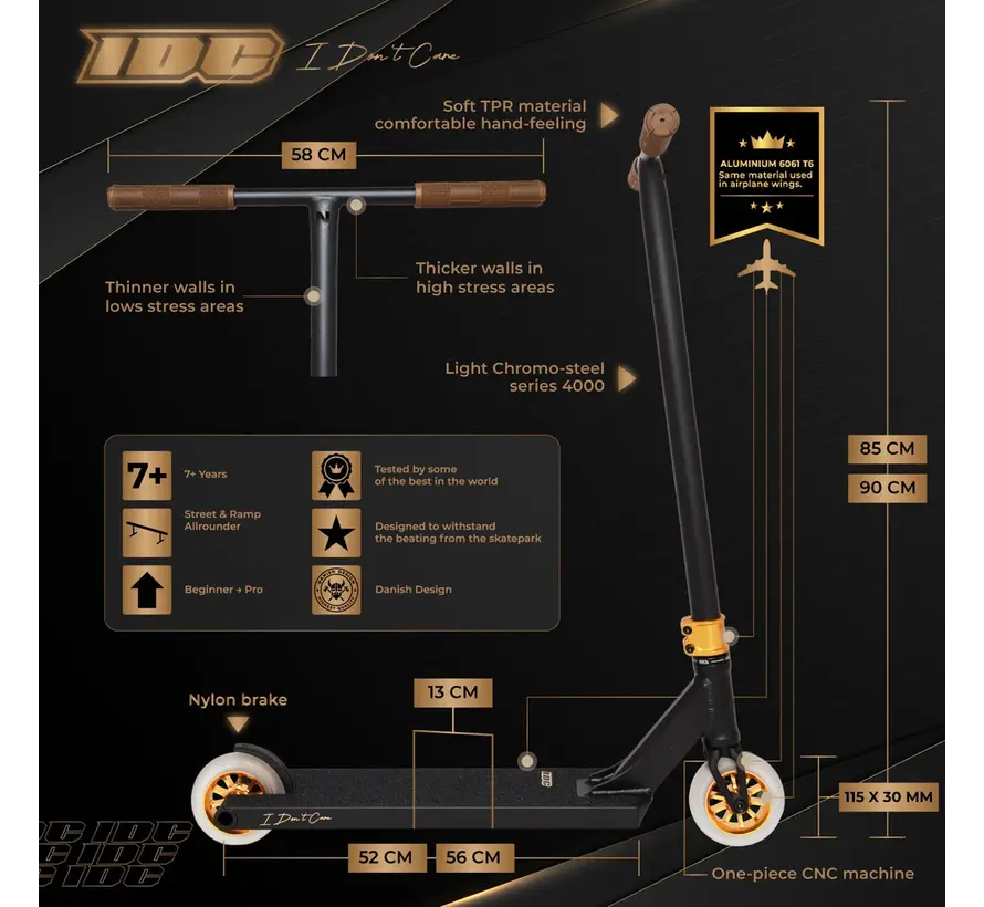 NKD IDC Stuntstep Noir/Or – Parkstep robuste avec roues de 115 mm et compression HIC