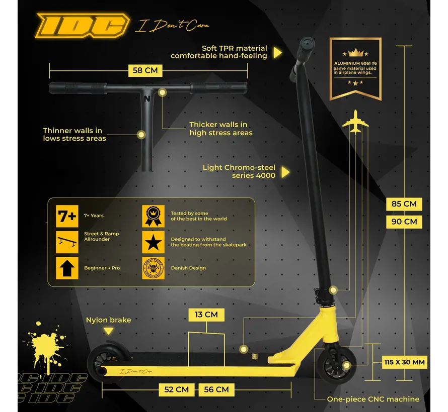 NKD IDC Stuntstep Noir/Jaune – Parkstep robuste avec roues de 115 mm et compression HIC