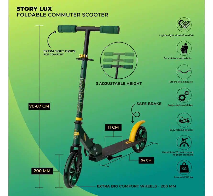 Trottinette de transport Story Lux verte/pailletée – Trottinette confortable avec guidon réglable et grandes roues