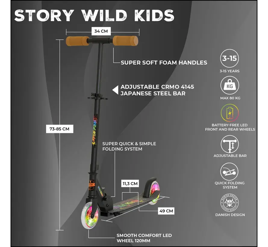 Story Wild Kids Foldable Scooter Black LED – Cool Children's Scooter with Adjustable Handlebars & Foot Brake