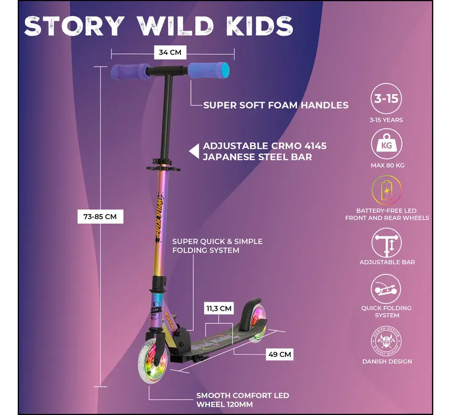 Story Wild Kids Monopattino pieghevole NEO LED – Monopattino per bambini con manubrio regolabile e freno a pedale