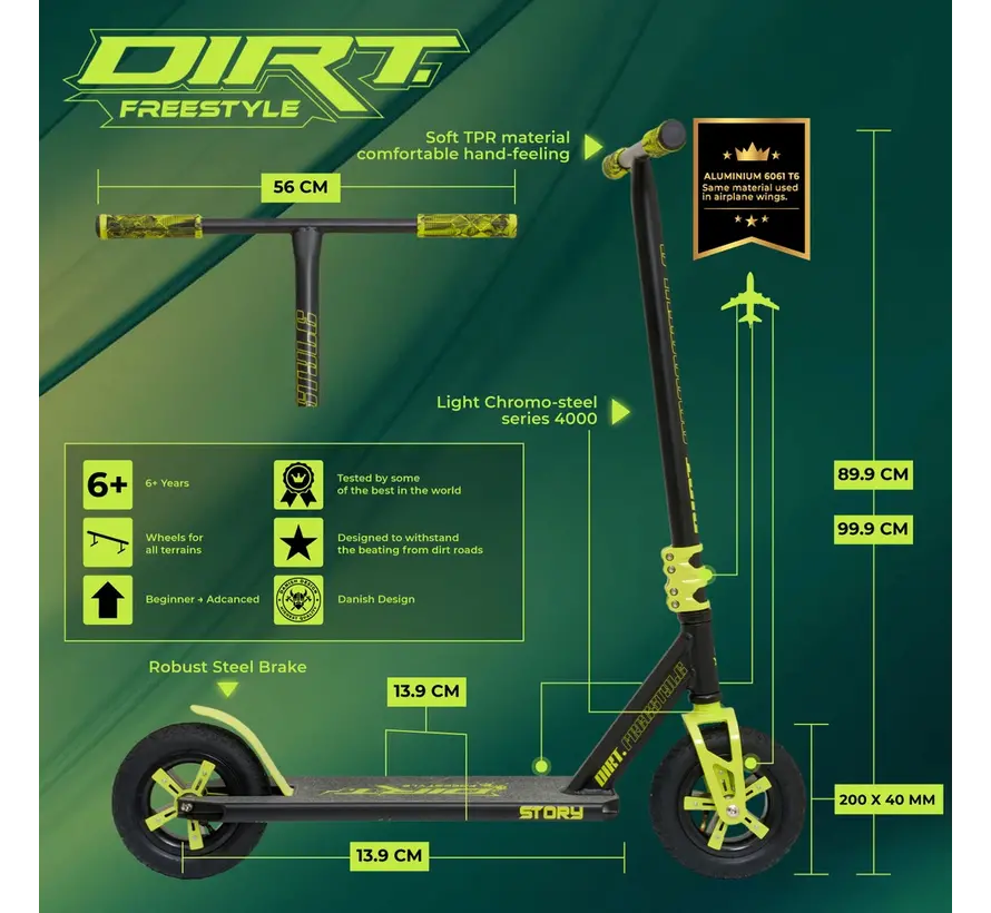 Story Dirt Freestyle Step Schwarz/Gelb – Robuster Offroad Stunt Scooter mit Luftreifen & Stahlrahmen