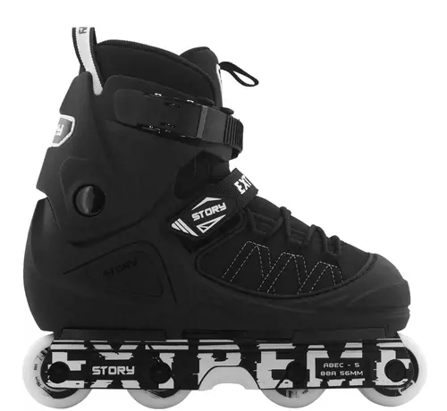 Story Patines en línea Story Aggressive negros: elegantes patines de acrobacias para principiantes con placa resistente al desgaste y marco de plástico.