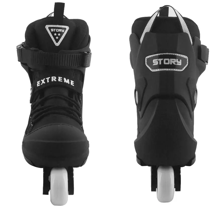 Patines en línea Story Aggressive negros: elegantes patines de acrobacias para principiantes con placa resistente al desgaste y marco de plástico.